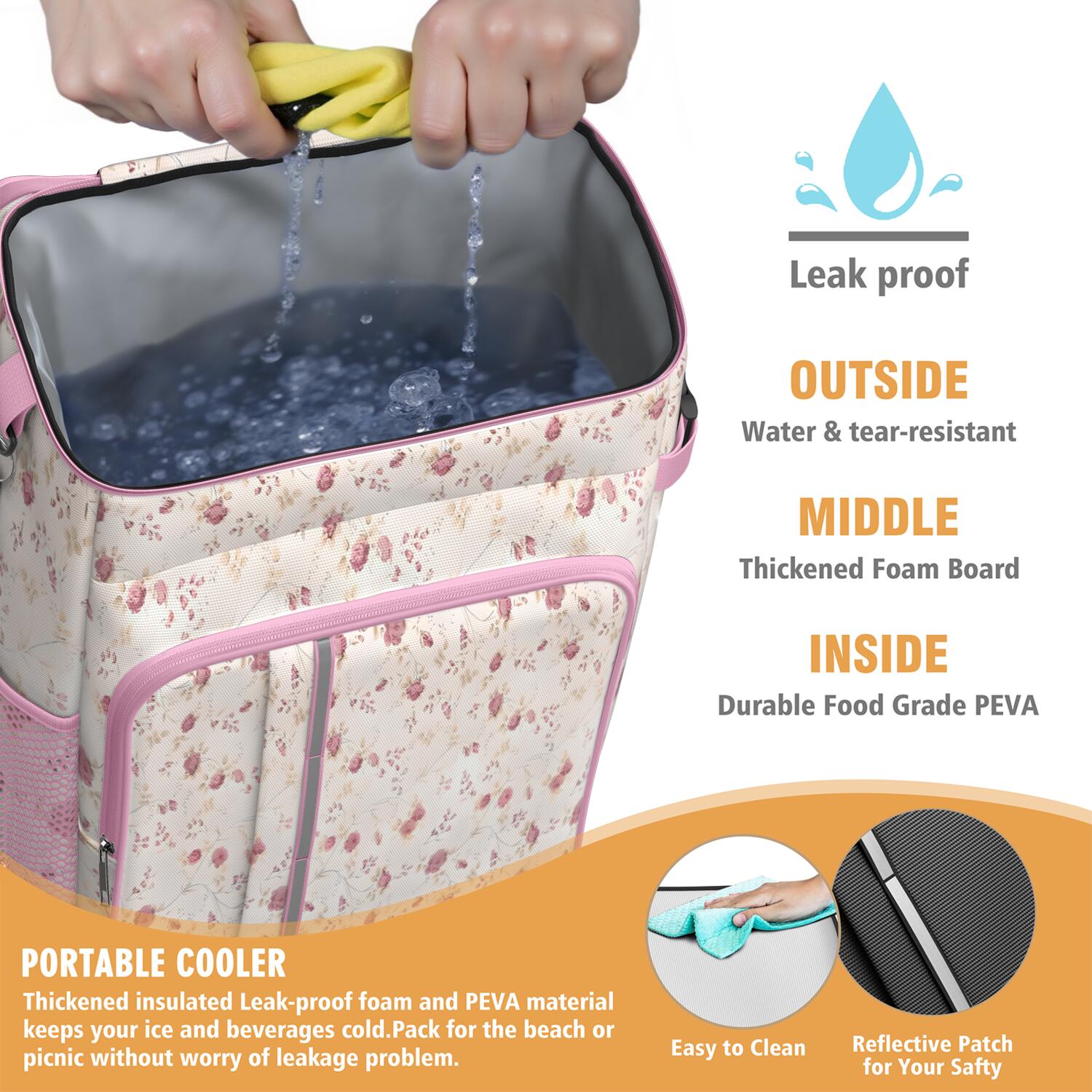 Travel Cooler Bag - Pioneer Flower Floral Print Pattern Camping Beer Cooler Backpack with Bottle Opener- Waterproof Insulated Picnic Backpacks - Cooler Bag for Beach
