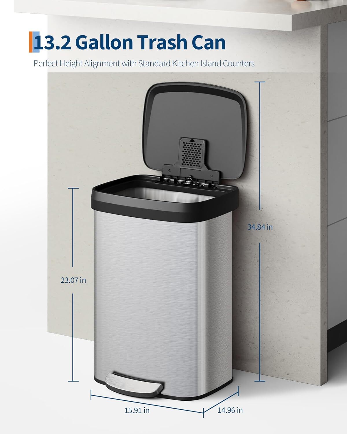 EuKer Large Garbage Can, 13.2 Gallon Garbage Pail with Soft-Close Lid and Rear Handle for Kitchen, Office, Silver