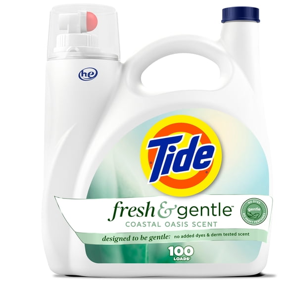 Tide Fresh & Gentle Liquid Laundry Detergent, 100 Loads, 132 fl oz, Tide Laundry Detergent, Coastal Oasis Scent