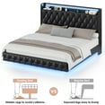 thumbnail image 2 of Hiphuta Queen Size Size Floating Upholstered Beds with LED Lights, Velvet Leather Sturdy Platform Bed with Charging Station & Button Tufted Headboard Storage, Black, 2 of 10