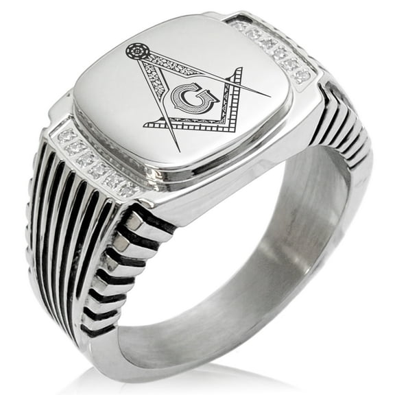 Stainless Steel Freemasons Masonic Floral Compass CZ Ribbed Needle Stripe Pattern Biker Style Polished Ring