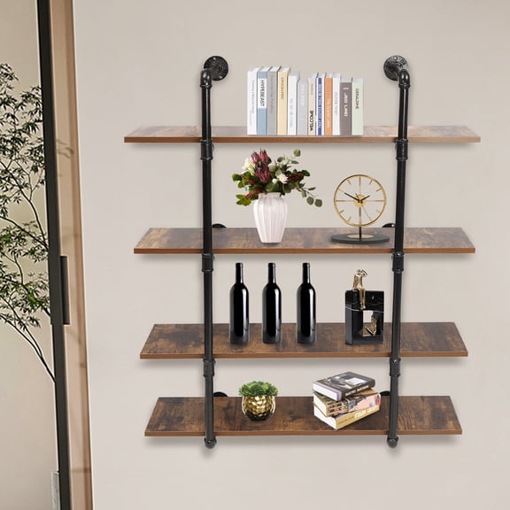 Industrial Pipe Shelving Wall Mounted  Rustic Metal Floating Shelves,Steampunk Real Wood Book Shelves,Wall Shelf Unit Bookshelf Hanging Wall Shelves,Farmhouse Kitchen Bar Shelving(4 Tier)