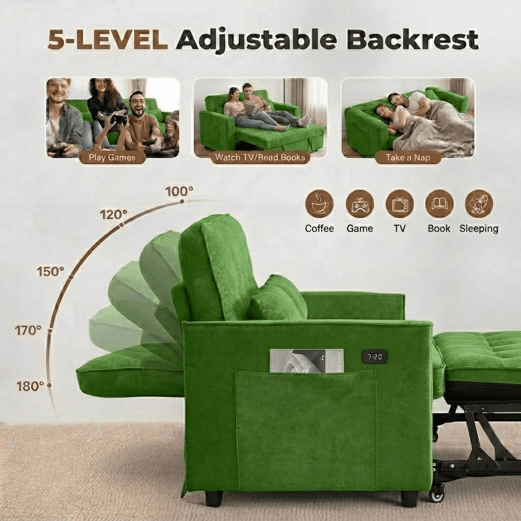 Howcool 55" Sleeper Sofa Bed, 3-in-1 Pull Out Convertible Loveseat Couch with 5-Level Adjustable Backrest, USB Port & Side Pocket, Terry Fabric Sofa for Living Room, Bedroom & Small Spaces,Green