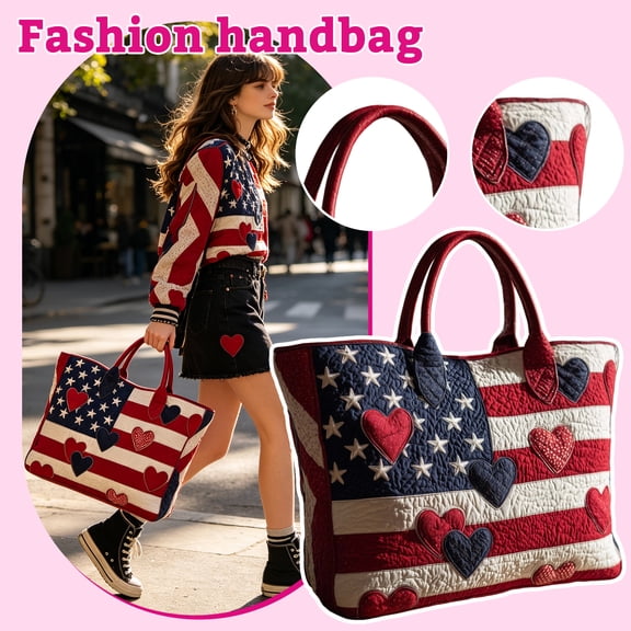 Patriotic American Flag Tote Bag, 15.7 Inch Quilted Canvas Handbag With Red White Blue Stars And Hearts, Perfect For 4th Of July, Memorial Day, And Everyday Use