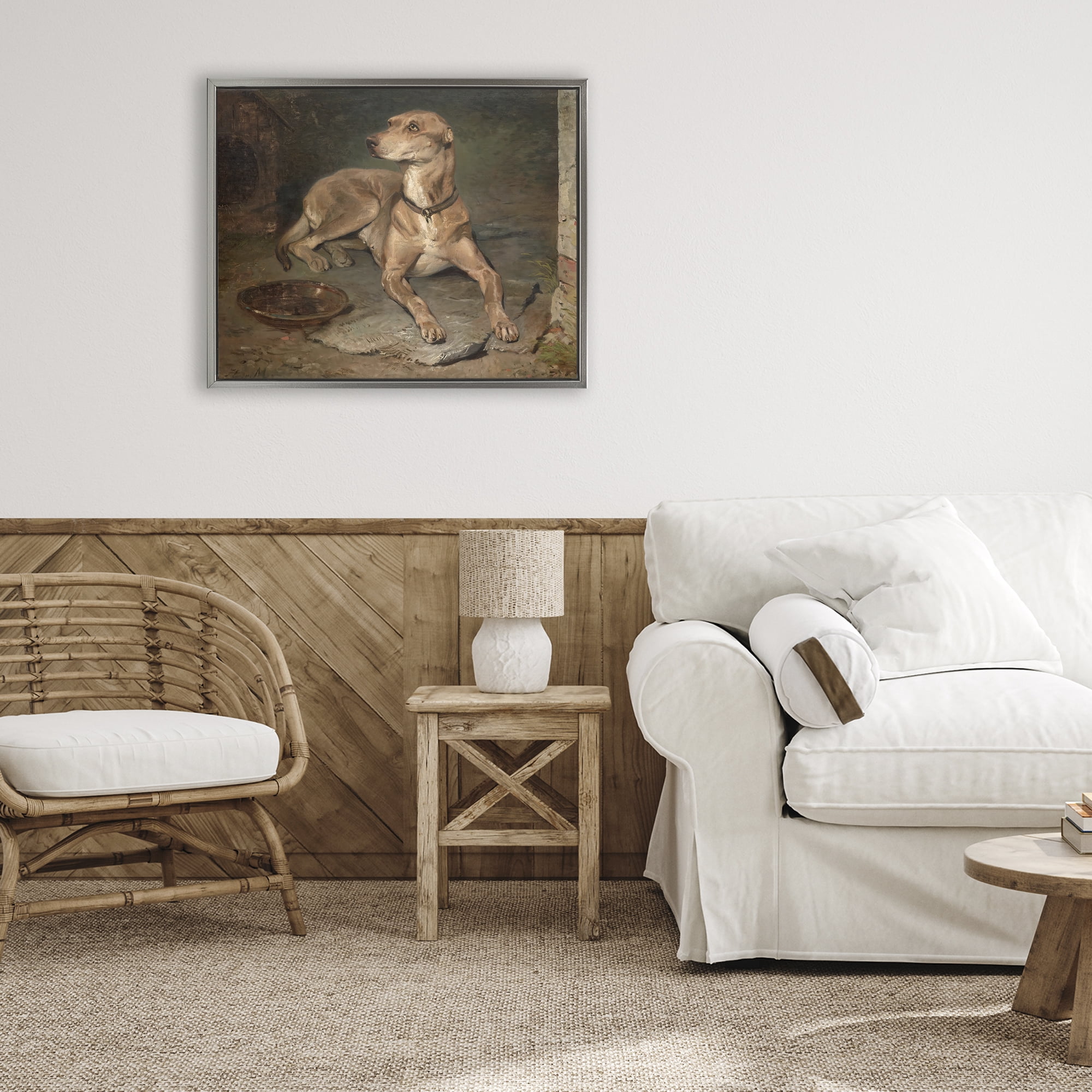 Stupell Industries Historical Dog & Bowl Gray Framed Floater Canvas Wall Art, design by Lil' Rue