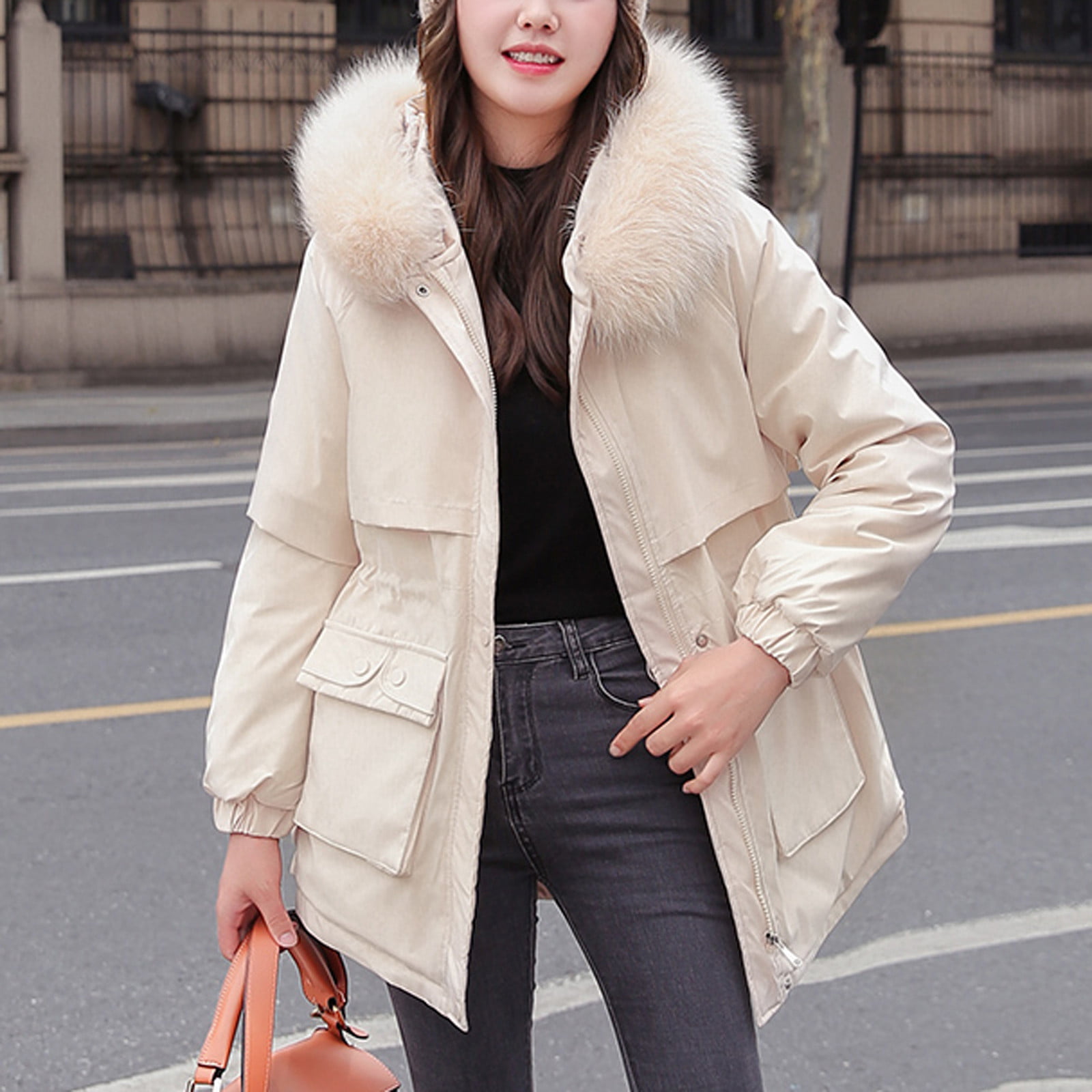 Womens Warm Long Coat Fur Collar Hooded Jacket Slim Winter Parka Outwear Coats