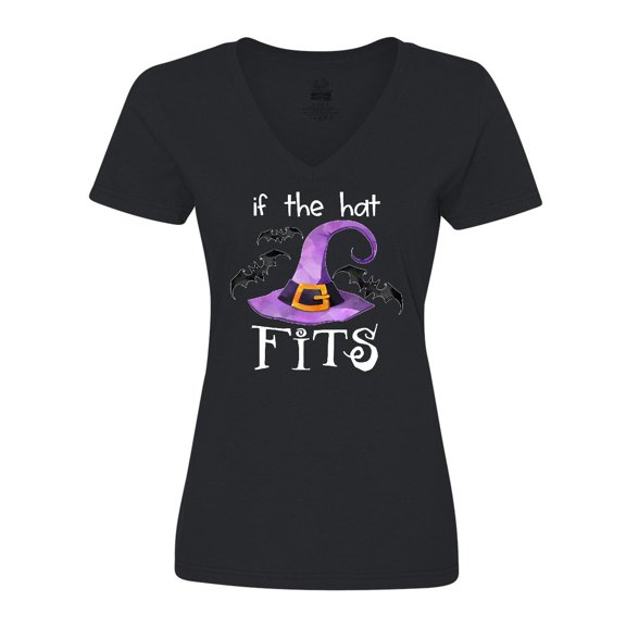 Inktastic If the Hat Fits Halloween Witch Hat and Bats Women's V-Neck T-Shirt