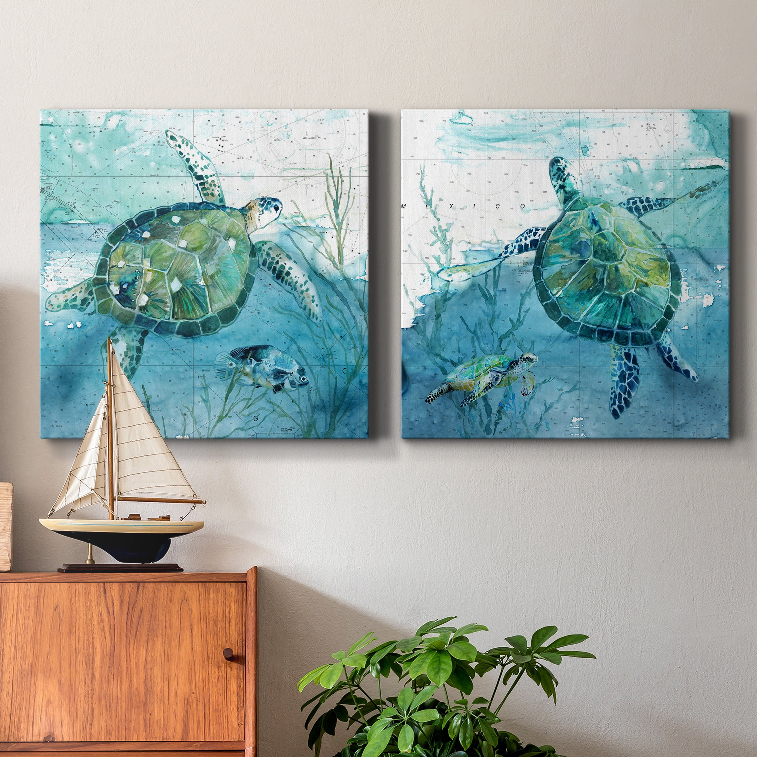 Island Swim I - Premium Gallery Wrapped Canvas - Ready to Hang Set of 2 - 24 x 24 Each