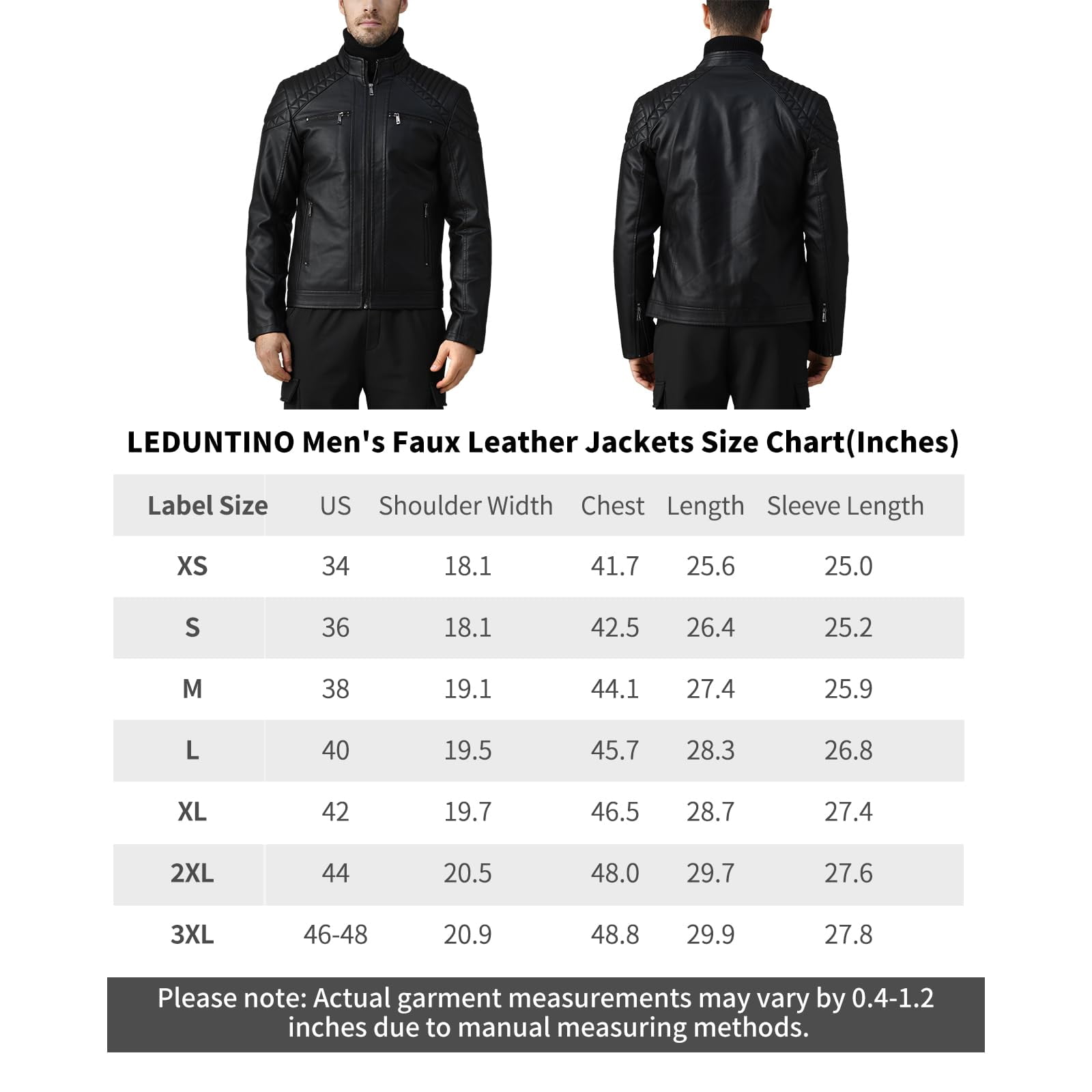 LEDUNTINO Men's Stand Collar Winter PU Faux Leather Fleece Lined Zip-Up Motorcycle Bomber Jacket Slim Fit Biker Coat