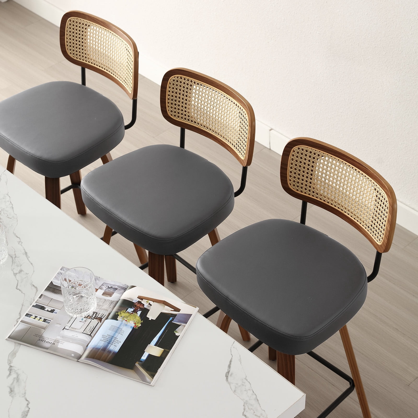 Swivel Counter Height Bar Stools, Set of 4, 29" Upholstered PU Leather Barstools with Back Wood Legs, Mid Century Modern Bar Chair Island Stool for Kitchen Counter, Gray