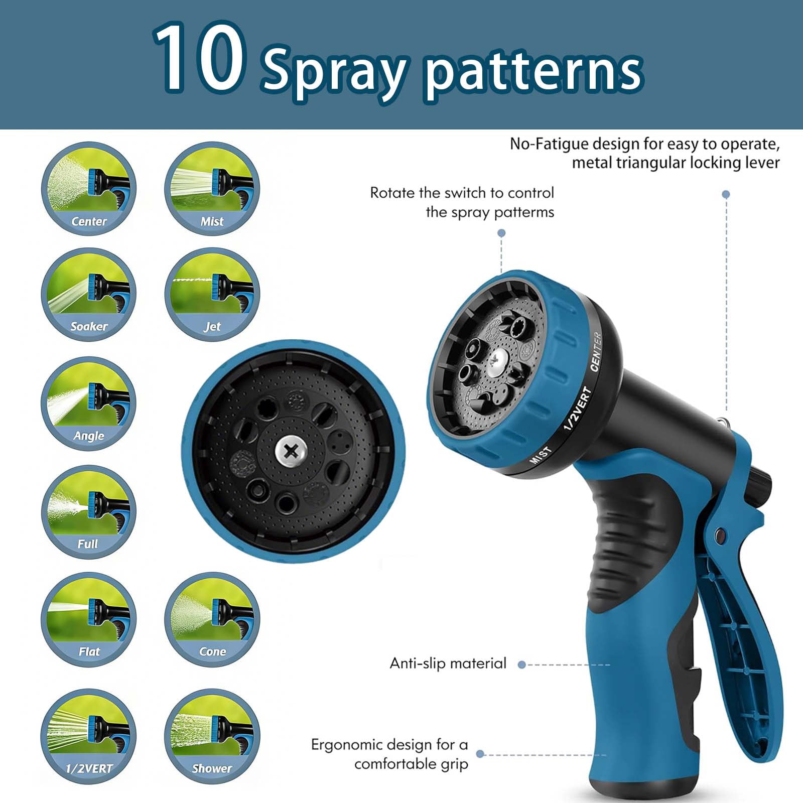 50Ft Non-Expandable Garden Hose, Flexible Water Hose with 10-Pattern Spray Nozzle, Lightweight Hose Pipe, Kink-Free, Leak-Proof, 3/4" Solid Metal Fittings