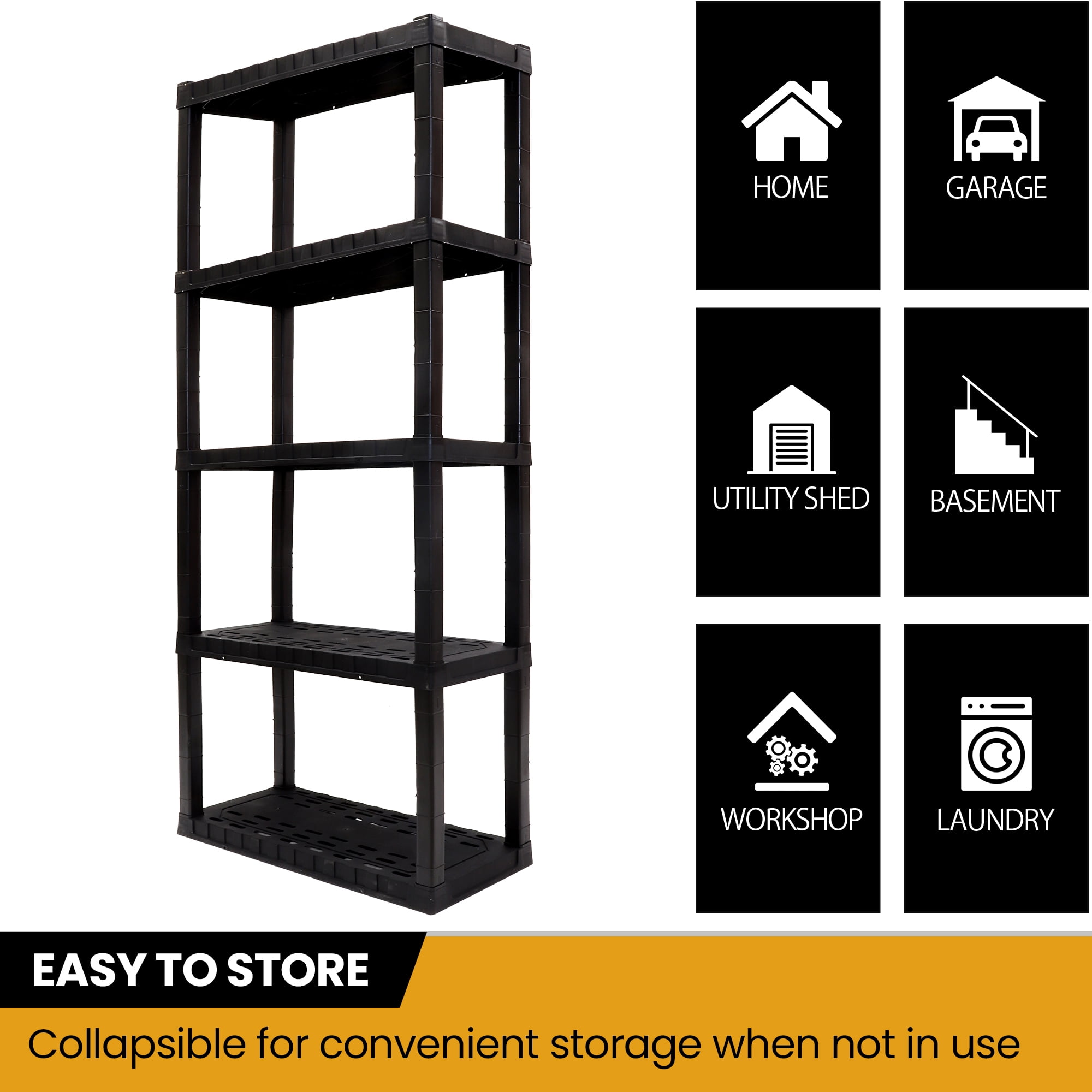 Hyper Tough Plastic Storage Shelves Garage Shelving Unit 5-Tier 75"H x 14"D x 30"W Black 450 lbs Total Capacity