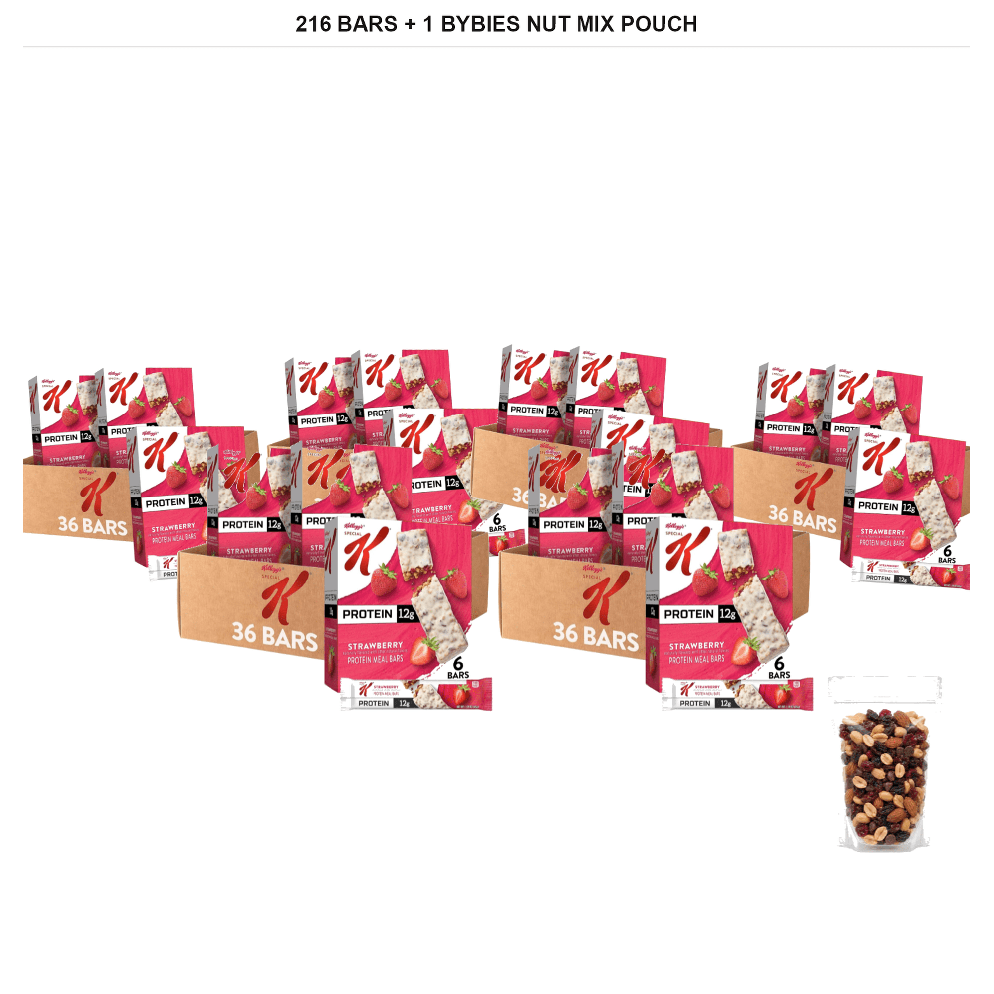 Special K Strawberry Protein Meal Bars, 216 Bars + 1x Bybies Nut Mix Pouch, 2 oz