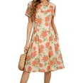thumbnail image 1 of Vestido de Manga Corta Midi Manga Corta Vestido de Otoño, Elegante de la Gasa de la Mujer Cuello Redondo Impreso Ocasional de Verano de la Playa, 1 of 7