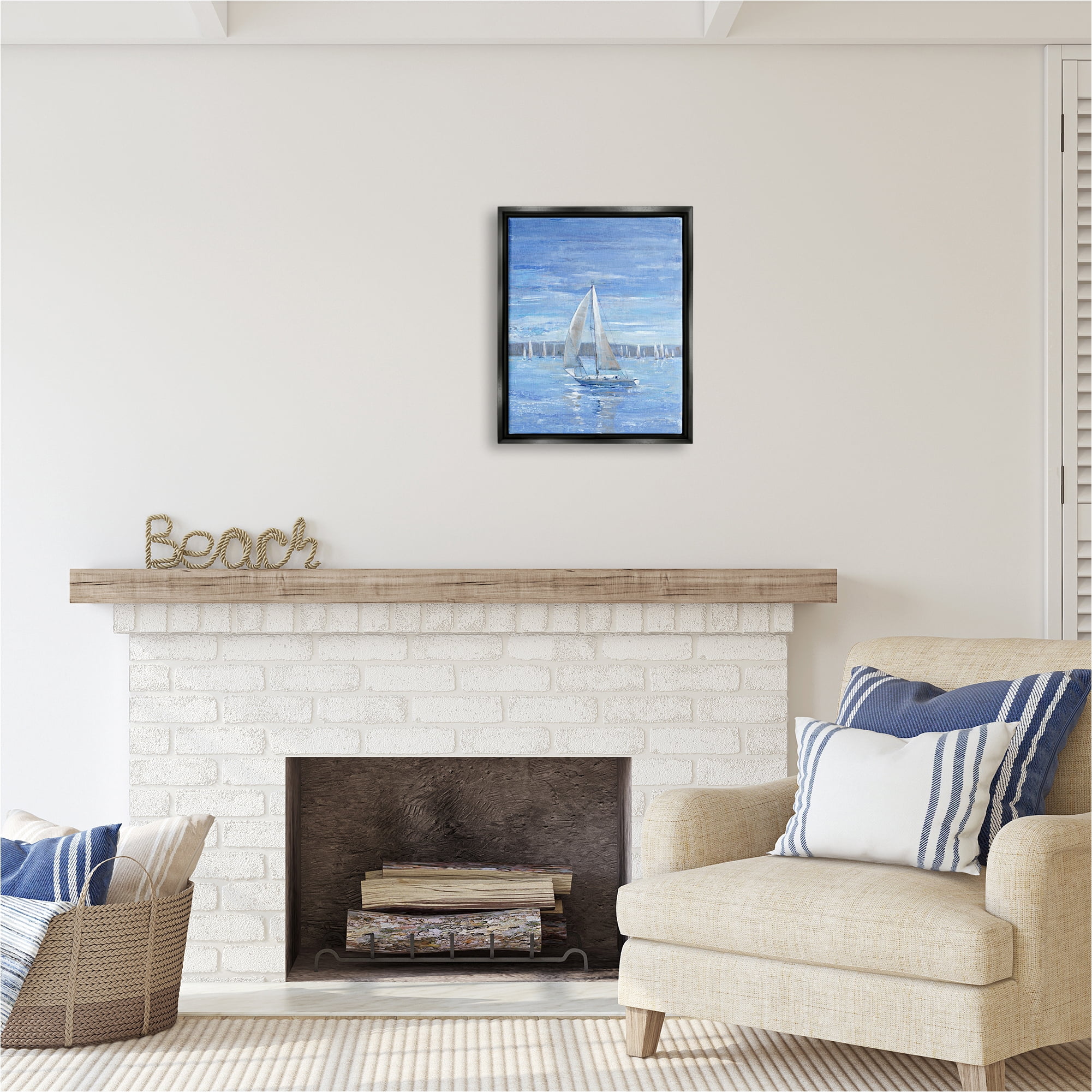 Stupell Industries Blue Sailboat Painting Transportation Painting Black Floater Framed Canvas Art Print Wall Art, 17 x 21