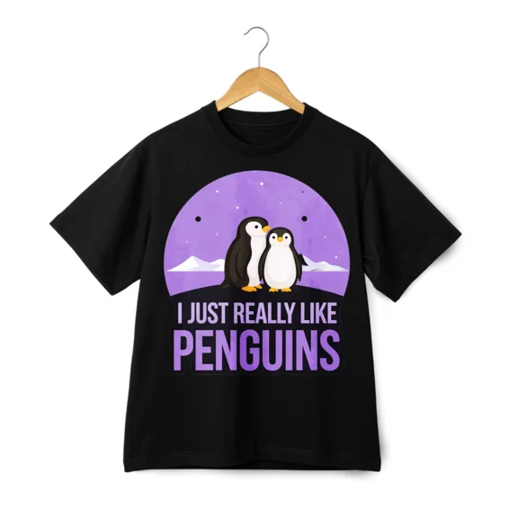 Funny Penguin T-Shirt for Men and Women, I Just Really Like Penguins Graphic Tee, Cute Animal Lover Retro Cotton Shirt, Purple Cartoon Penguin Design Apparel