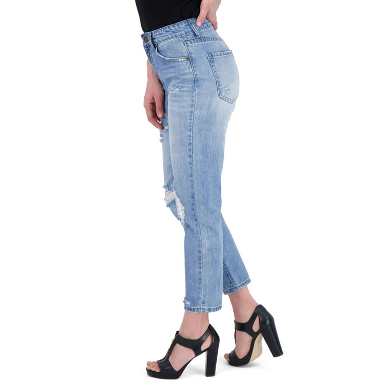 Gogo Jeans Juniors\' High Waisted Destructed Cinched Relaxed Mom Jean