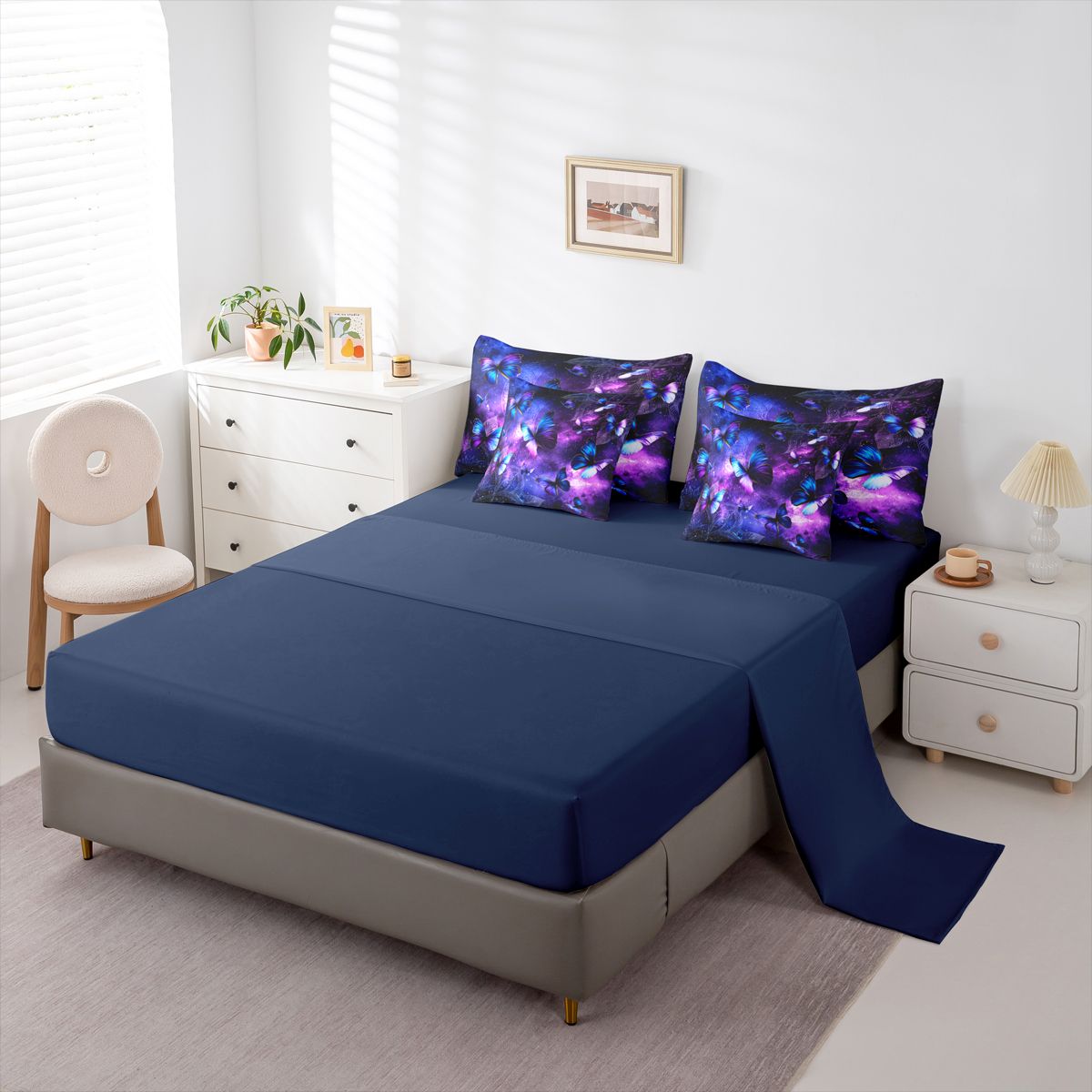 Homewish Gradient Butterflies 7pcs Bedding Comforter Set For Teens Adults,Universe Galaxy Queen Bedding Sets Super Cozy,Exotic Style Queen Sheet Sets,Ultra Soft Home Decor,Reversible