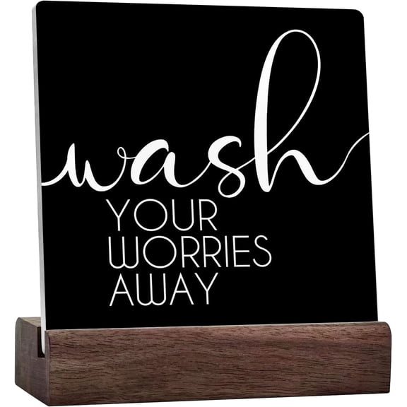 Funny Bathroom Ceramic Table Signs,Wash Your Worries Away Sign For Bathroom Shelf Toilet Restroom Home Tabletop Desk Decor,Rustic Bathroom Plaque Decor