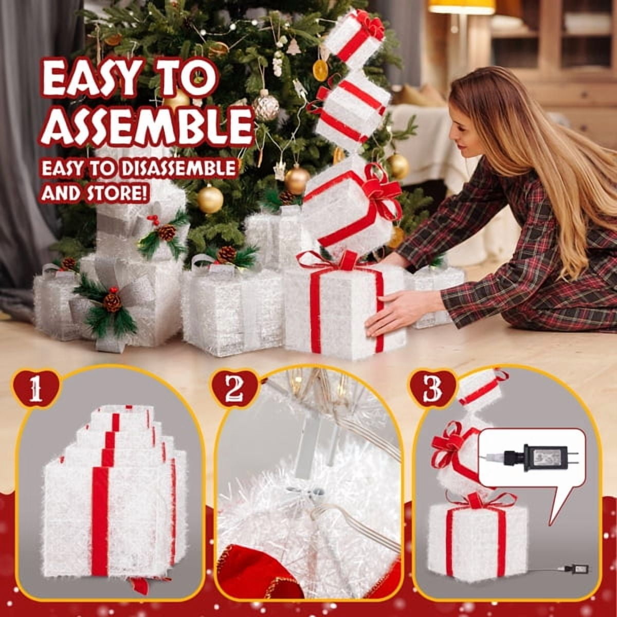 Lighted Christmas Gift Box Tower - 80 Warm White LEDs, Weather-Resistant Metal Frame, Indoor/Outdoor Holiday Decor for Tree, Porch, Yard