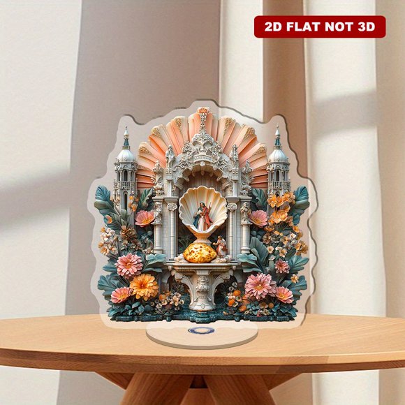 Rotating acrylic ornament featuring Santiago de Compostela's Cathedral, Pilgrim's Shell, bagpipe player, Spanish tortilla, and St. James in vibrant colors