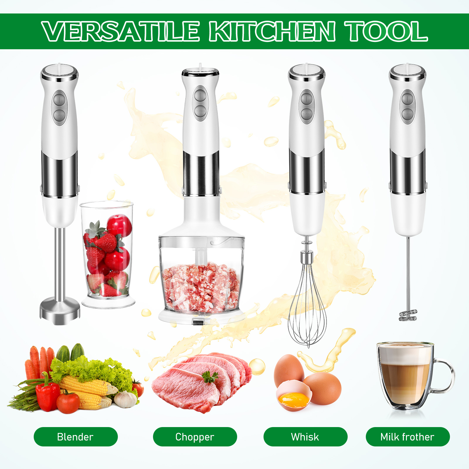 PAMINGONO White 5-in-1 Hand Blender Set – Electric Mixer Chopper Whisk Milk Frother for Soups, Sauces & Smoothies, US Plug