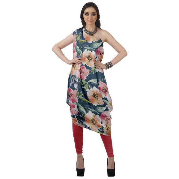 Moomaya Women's Printed One-Shoulder Cowl Kurti Sleeveless Dress Boho Party Designer Clothing