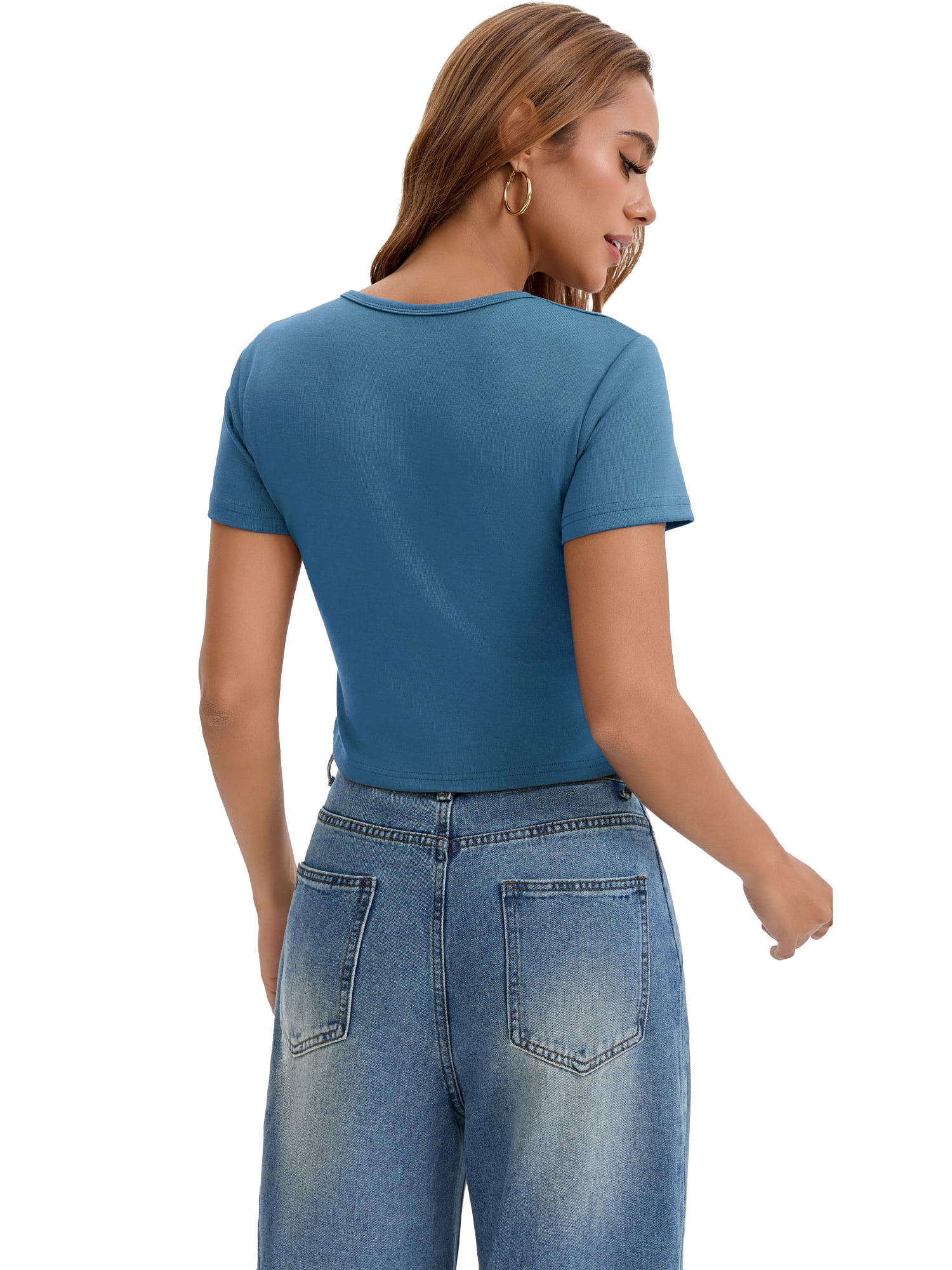 DARING DIVA Women's Cropped Basic Tees with Short Sleeves and Crewneck L Blue