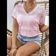 thumbnail image 5 of Camisetas de Cuello en V para Mujer, Blusas Casuales Elegantes de Corta con Bordado de Ojales, Ropa de Moda de Verano 2025 Rosa XL, 5 of 9