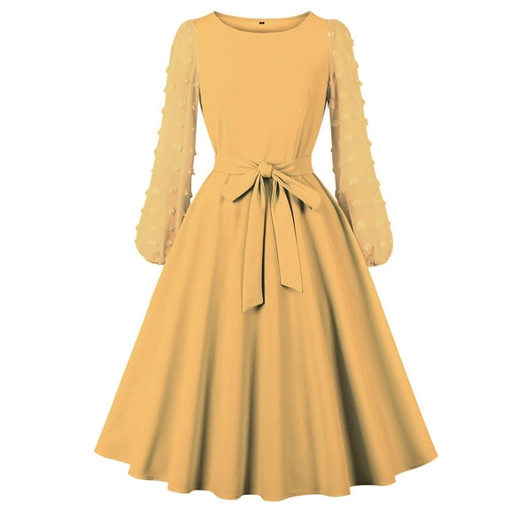 Women's Vintage Mesh Long Sleeve Casual A-Line Party Cocktail Swing Dress Round Neck Solid Color Belted Prom Dress