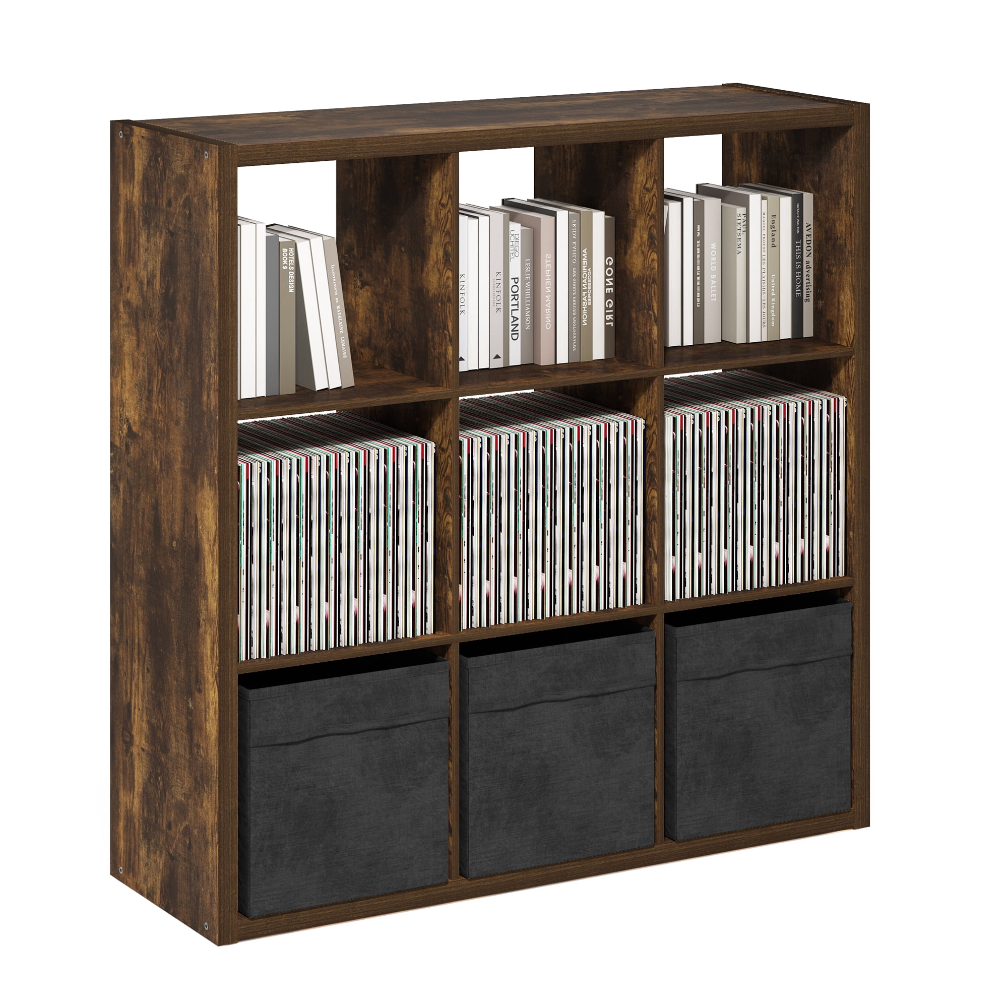 Furinno CUBICLE Open Back Decorative Cube Storage Organizer in 9-Cube Amber Pine