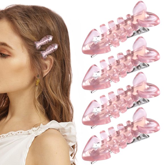 HINZIC 4 pinzas para el pelo de hueso de pescado, color rosa translúcido, pequeños pasadores de resina, sin arrugas, flequillo Kawaii, horquilla de pico de pato, accesorios para el pelo para mujeres,