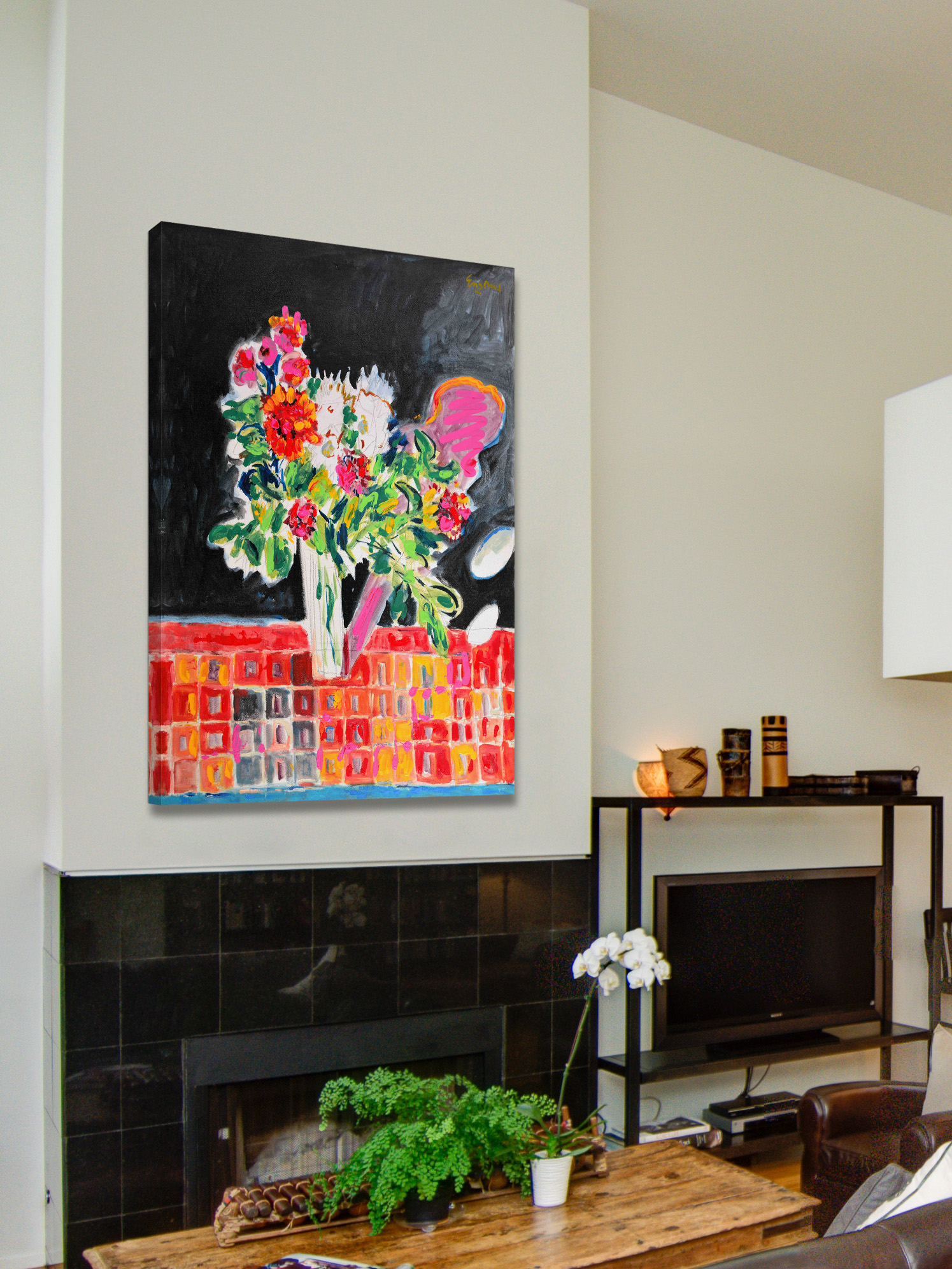 "Flowers on a Checkered Cloth" Painting Print on Wrapped Canvas