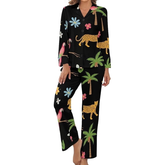 Top-kevin Jungle Animals Plants Women's Long-Sleeve Shirt And Full-Length Bottom Pajama Set