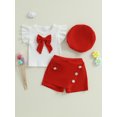 thumbnail image 4 of BemeyourBBs Toddler Baby Girl 2 Peice Skirts Set Cute Summer Fall Clothes Vintage Little Girls Short Sleeve 3D Bowknot T-Shirt Skorts Shorts Beret Hat, 4 of 9