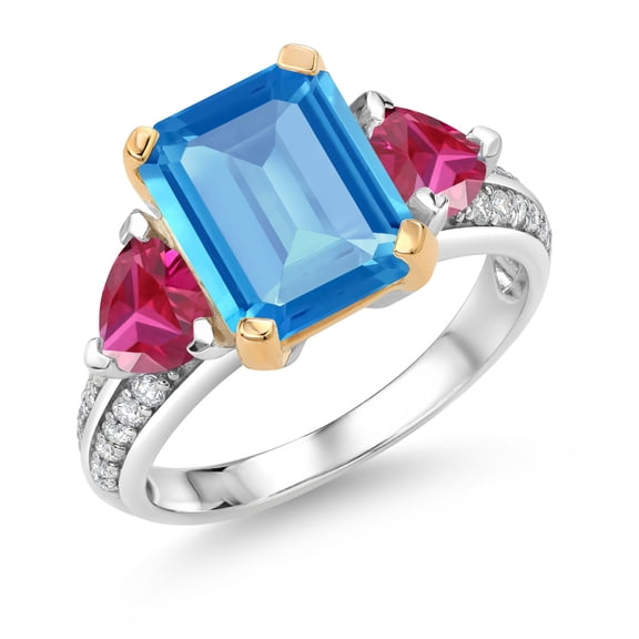 Gem Stone King 925 Sterling Silver and 10k Yellow Gold Swiss Blue Topaz and Red Created Ruby 3 Stone Engagement Ring for Women (5.05 Cttw, Octagon Cut 10X8MM, Size 5)