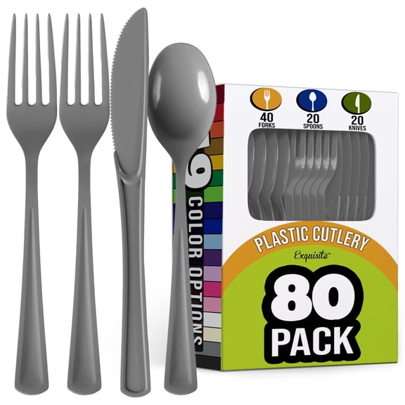 Exquisite Heavyweight Silver Plastic Forks, Spoons & Knives Assortment, Medium Size, 24 Count