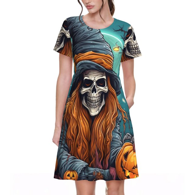 Easygdp Cartoon Pumpkin Skull para Vestido Transpirable de Mujer, Vestido Suelto de Manga Corta con Pliegues y Bolsillos para el Verano