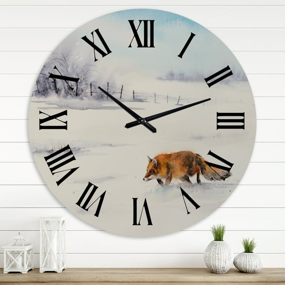 Designart 'Red Fox Running In White Snow I' Farmhouse Wall Clock