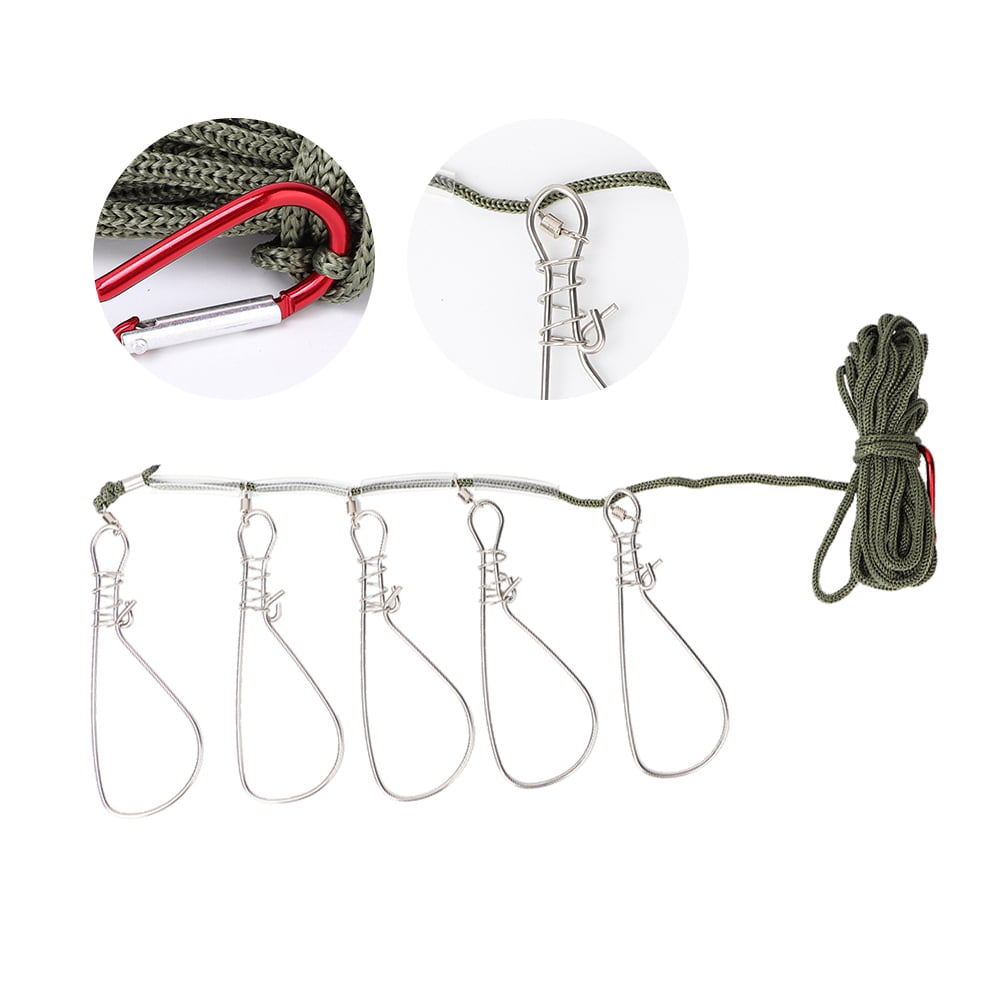Stainless Steel Fishing Catch Stringer Heavy Duty with 5 Lock Snaps Ropes Float 