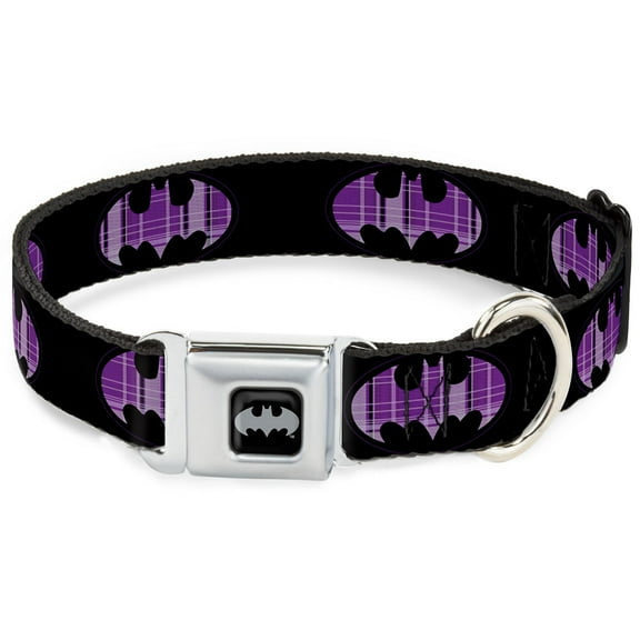 DC Comics Pet Collar, Dog Collar Metal Seatbelt Buckle, Batman Signal Black Purple Plaid, 20 to 31 Inches 1.5 Inch Wide