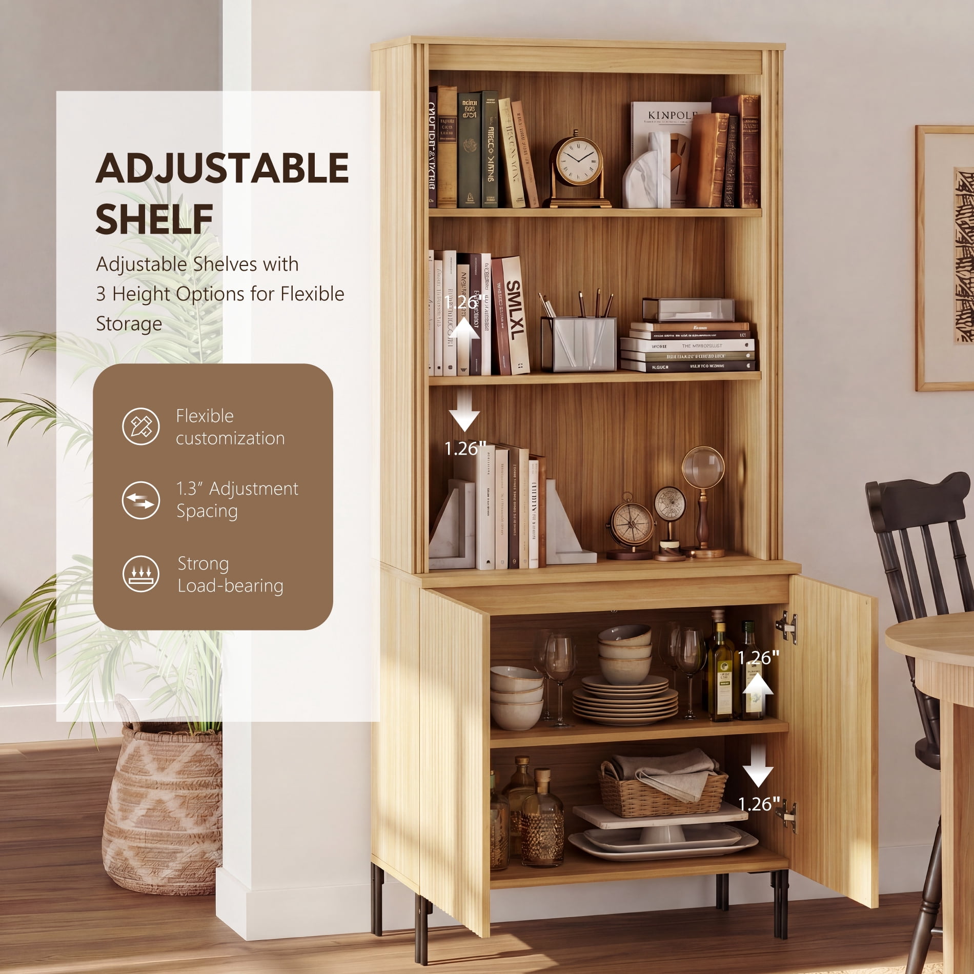 3-In-1 71" Tall Arched Kitchen Pantry Cabinet, Wood Bookcase Display Cabinet With Doors And Adjustable Shelves, Mid-Century Modern Versatile Cupboard For Dining Room, Bedroom