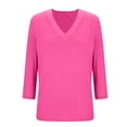 thumbnail image 4 of Swuxness Women 3/4 Sleeve Casual Shirts, Spring and Summer Tops, Ladies V-Neck Solid Color Comfortable Fashion Loose Pullover Tee Hot Pink, S, 4 of 4