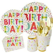175 Pcs Happy Birthday Plates and Napkins Set,Rainbow Confetti Disposable Tableware-Includes 25 9?Plates 7?Plates Cups Napkins Knife, Fork&Spoon for Birthday Party Baby Shower Afternoon Tea Party