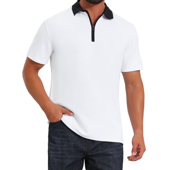 DARING DIVA Men's Zipper Closure Colorblock Short Sleeve Basic Polo Shirt S White