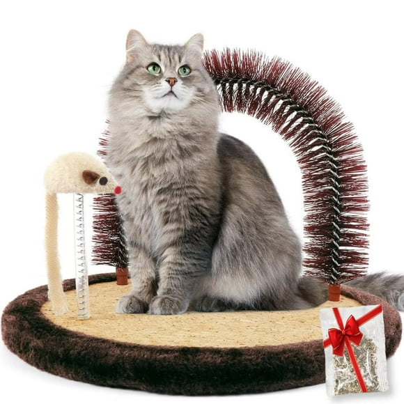 Happi N Pets Large Cat Self Groomer, Cat Arch Grooming Brush with Heavy Wooden Cat Scratching Pad, Rubbing Post & Catnip Toy, Cat Face Scratchers Cat Massager,