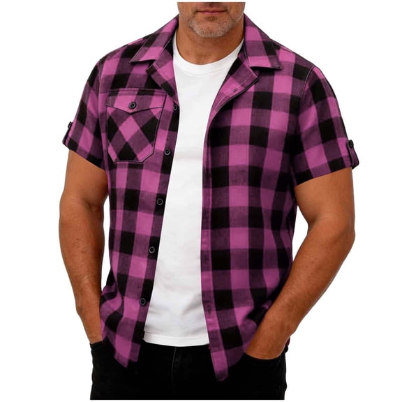 Plaid Printed Shirts for Men Short Sleeve Button-Down Tshirts Shirt with Pocket and Collared Casual Breathable Streetwear Beach Work Tees Tops