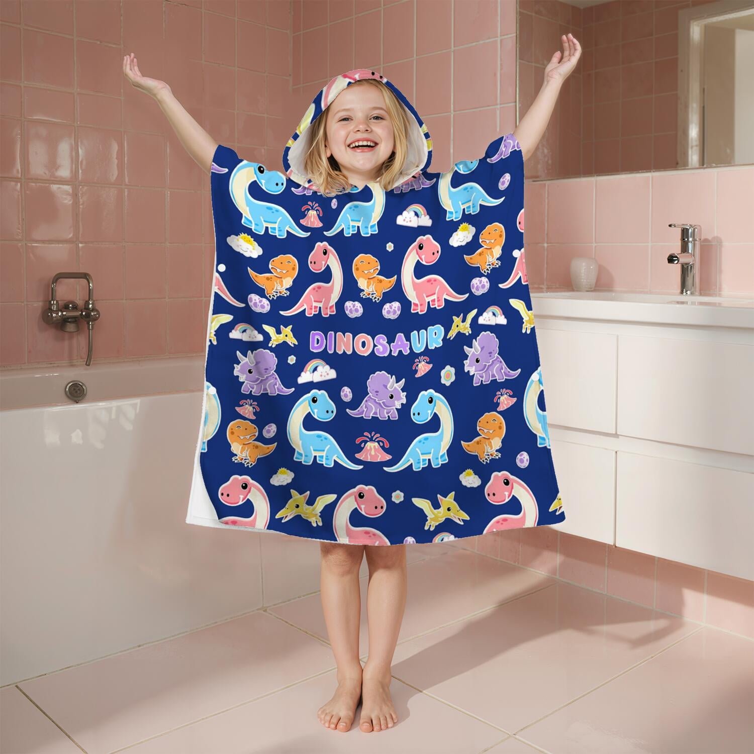 Hooded Kids Beach Towels - Toddler Bath Towel Girls Boys Swimming Cover-ups for Ages 2 to 6 Kids Pool Towels Quick Dry Lightweight Soft Microfiber Poncho Towel 28x28 (Dinosaur Pattern)