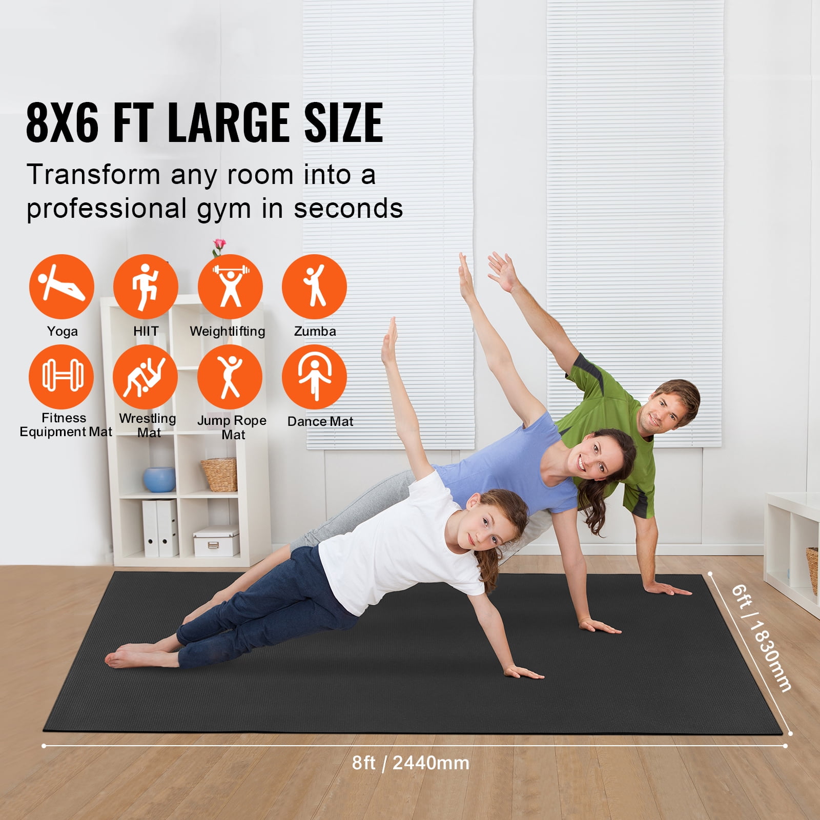 KFFKFF 8x6ft Large Fitness Mat, Durable Non-Slip Yoga Mat, Universal Exercise Mat for Both Genders, Includes Bag & Strap, Suitable for Home Yoga, Pilates & Floor Exercises