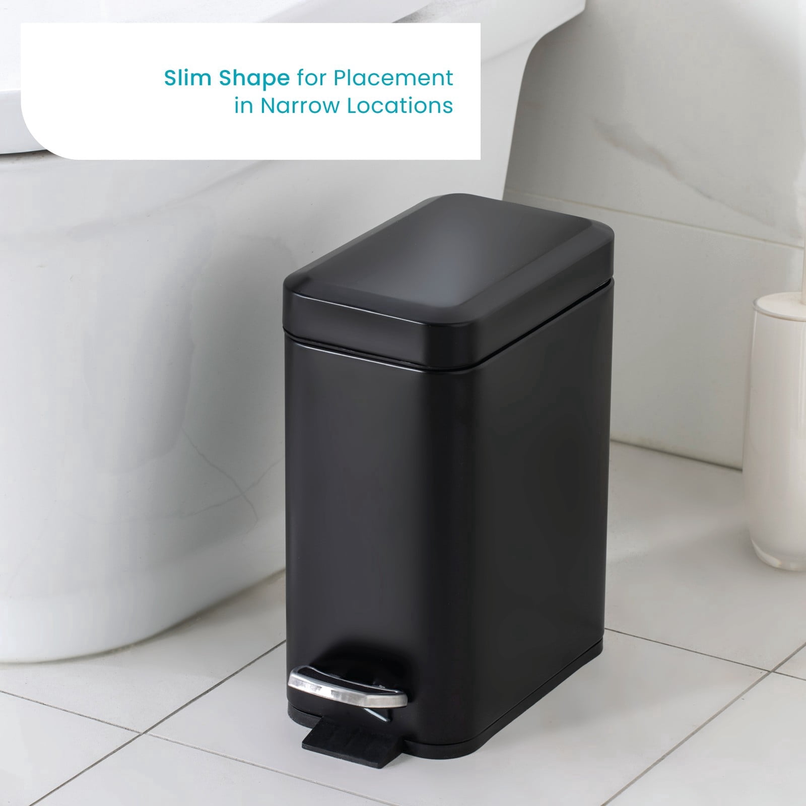 Home Zone Living 1.3 Gallon Slim Stainless Steel Trash Can with Step On Pedal and Soft Close Lid, Black
